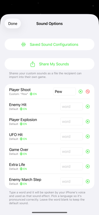 Sound customization screen